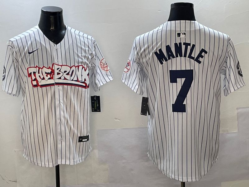 Men New York Yankees 7 Mantle White Stripe four generations Joint Name 2025 Nike MLB Jersey style 1